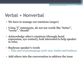 Steps for Active ListeningAffirmation – Acknowledge ideas, thoughts, feelingsVerbal: yes, go on, etcNonverbal: nodding your headParaphrasing – Using own words to repeat speaker’s ideasClarification – check whether you understoodVerbal: ask open-ended questions starting with “How”, “What”, “Please explain”Nonverbal: using gestures to enhance questionsSummarize and give opinionsVerbal: ask if speaker wants to hear your opinions, using “would you..”Nonverbal: using gestures to emphasize ideas