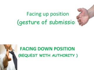 FACING DOWN POSITION   (REQUEST WITH AUTHORITY ) Facing up position (gesture of submission) 