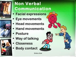 Non Verbal
    Communication
•   Facial expressions
•   Eye movements
•   Head movements
•   Hand movements
•   Posture
•   Way of talking
•   Closeness
•   Body contact
              Shikha Sota
 