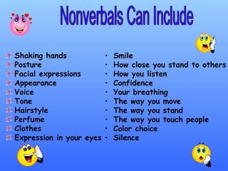 Shaking hands  Posture Facial expressions  Appearance  Voice  Tone  Hairstyle Perfume Clothes  Expression in your eyes  Nonverbals Can Include Smile  How close you stand to others  How you listen  Confidence  Your breathing  The way you move  The way you stand  The way you touch people  Color choice  Silence   