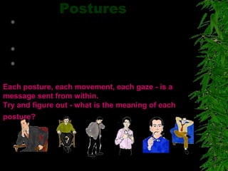 Postures
 Postures can transmit innermost
feelings. (standing , sitting)
 Hands rapped around the body
 Angle : Straight or side
Each posture, each movement, each gaze - is a
message sent from within.
Try and figure out - what is the meaning of each
posture?
 