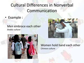 Cultural Differences in Nonverbal
Communication
• Example :
Men embrace each other
Arabic culture
Women hold hand each oth...