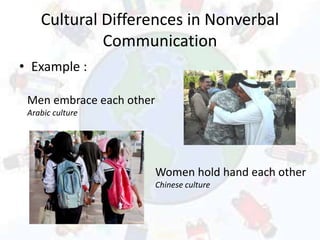 Cultural Differences in Nonverbal
Communication
• Example :
Men embrace each other
Arabic culture
Women hold hand each other
Chinese culture
 