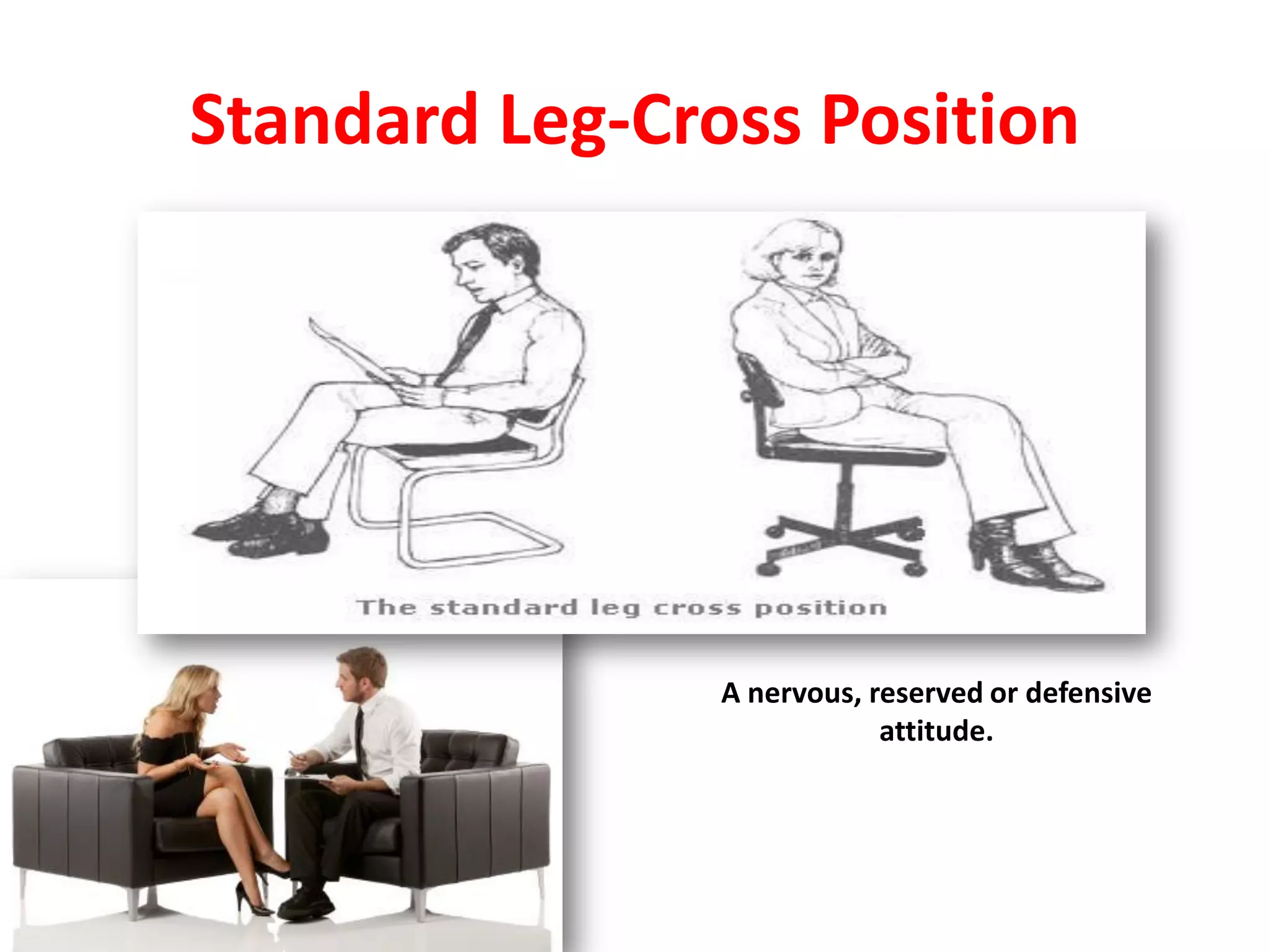 Standard Leg-Cross Position
A nervous, reserved or defensive
attitude.
 