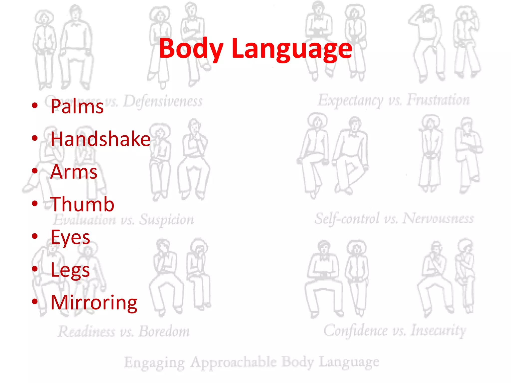 Body Language
• Palms
• Handshake
• Arms
• Thumb
• Eyes
• Legs
• Mirroring
 