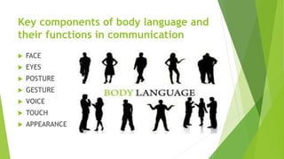Key components of body language and
their functions in communication
 FACE
 EYES
 POSTURE
 GESTURE
 VOICE
 TOUCH
 APPEARANCE
 
