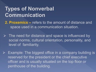 Types of Nonverbal
Communication
2. Proxemics – refers to the amount of distance and
space used in a communication situation.
 The need for distance and space is influenced by
social norms, cultural orientation, personality, and
level of familiarity.
 Example: The biggest office in a company building is
reserved for the president or the chief executive
officer and is usually situated on the top floor or
penthouse of the building.
 
