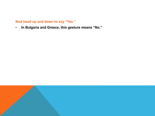 Nod head up and down to say “Yes.”
• In Bulgaria and Greece, this gesture means “No.”
 