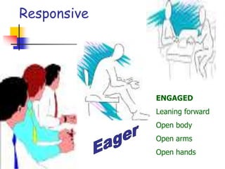 Responsive
ENGAGED
Leaning forward
Open body
Open arms
Open hands
 