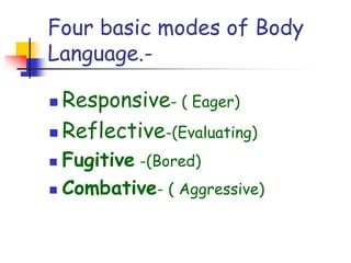 Four basic modes of Body
Language.-
 Responsive- ( Eager)
 Reflective-(Evaluating)
 Fugitive -(Bored)
 Combative- ( Aggressive)
 