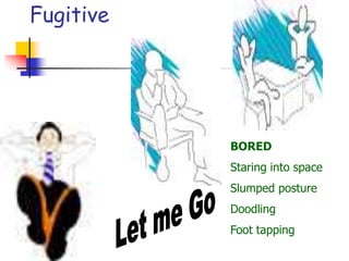 Fugitive
BORED
Staring into space
Slumped posture
Doodling
Foot tapping
 