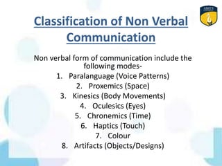 Classification of Non Verbal
Communication
Non verbal form of communication include the
following modes-
1. Paralanguage (Voice Patterns)
2. Proxemics (Space)
3. Kinesics (Body Movements)
4. Oculesics (Eyes)
5. Chronemics (Time)
6. Haptics (Touch)
7. Colour
8. Artifacts (Objects/Designs)
 