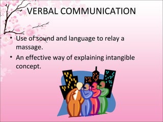 VERBAL COMMUNICATION
• Use of sound and language to relay a
massage.
• An effective way of explaining intangible
concept.
 