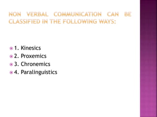  1. Kinesics
 2. Proxemics
 3. Chronemics
 4. Paralinguistics
 