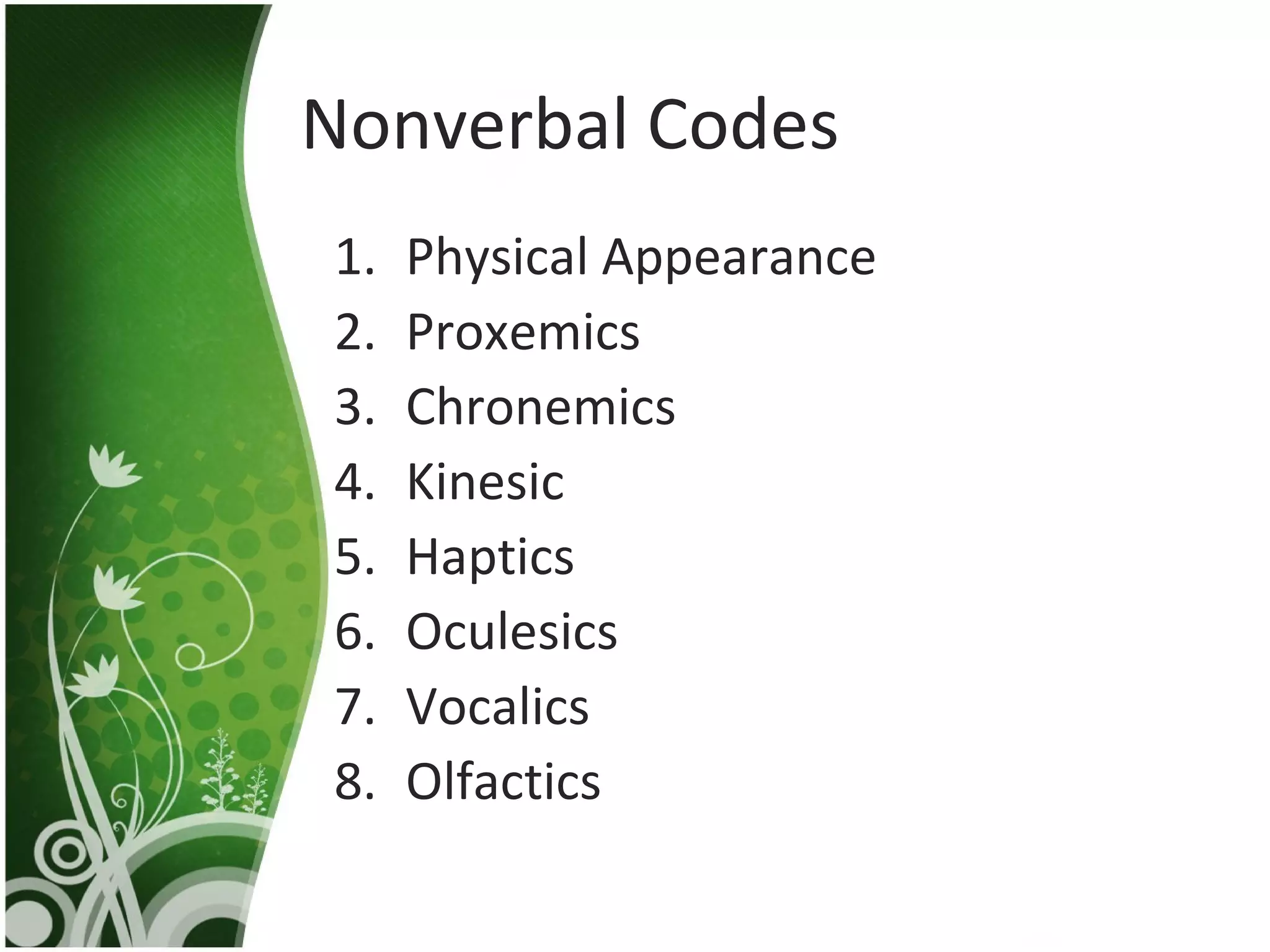 Nonverbal Codes Physical Appearance Proxemics  Chronemics Kinesic Haptics Oculesics Vocalics Olfactics 