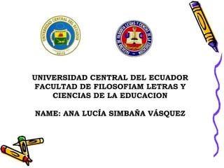UNIVERSIDAD CENTRAL DEL ECUADOR
FACULTAD DE FILOSOFIAM LETRAS Y
    CIENCIAS DE LA EDUCACION

NAME: ANA LUCÍA SIMBAÑA VÁSQUEZ
 