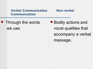 Verbal Communication Non-verbal 
Communication 
 Through the words 
we use. 
 Bodily actions and 
vocal qualities that 
...