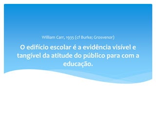 O edifício escolar é a evidência visível e
tangível da atitude do público para com a
educação.
William Carr, 1935 (cf Burke; Grosvenor)
 