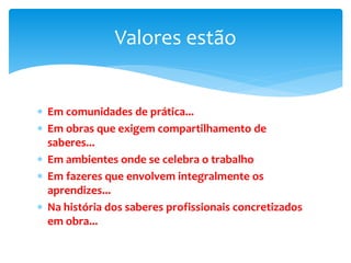  Em comunidades de prática...
 Em obras que exigem compartilhamento de
saberes...
 Em ambientes onde se celebra o trabalho
 Em fazeres que envolvem integralmente os
aprendizes...
 Na história dos saberes profissionais concretizados
em obra...
Valores estão
 