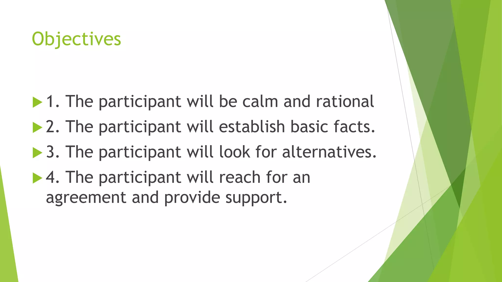 Objectives
 1. The participant will be calm and rational
 2. The participant will establish basic facts.
 3. The participant will look for alternatives.
 4. The participant will reach for an
agreement and provide support.
 