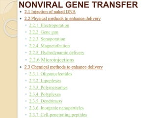 NONVIRAL GENE TRANSFER
◦ 2.2.1 Electroporation
◦ 2.2.2 Gene gun
◦ 2.2.3 Sonoporation
◦ 2.2.4 Magnetofection
◦ 2.2.5 Hydrodynamic delivery
◦ 2.2.6 Microinjections
◦ 2.3.1 Oligonucleotides
◦ 2.3.2 Lipoplexes
◦ 2.3.3 Polymersomes
◦ 2.3.4 Polyplexes
◦ 2.3.5 Dendrimers
◦ 2.3.6 Inorganic nanoparticles
◦ 2.3.7 Cell-penetrating peptides
 