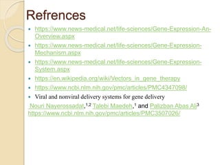 Refrences
 https://www.news-medical.net/life-sciences/Gene-Expression-An-
Overview.aspx
 https://www.news-medical.net/life-sciences/Gene-Expression-
Mechanism.aspx
 https://www.news-medical.net/life-sciences/Gene-Expression-
System.aspx
 https://en.wikipedia.org/wiki/Vectors_in_gene_therapy
 https://www.ncbi.nlm.nih.gov/pmc/articles/PMC4347098/
 Viral and nonviral delivery systems for gene delivery
Nouri Nayerossadat,1,2 Talebi Maedeh,1 and Palizban Abas Ali3
https://www.ncbi.nlm.nih.gov/pmc/articles/PMC3507026/
 