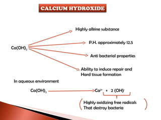 Highly alkine substance P.H. approximately 12.5 Anti bacterial properties Ability to induce repair and  Hard tissue formation Ca(OH) 2 In aqueous environment Ca(OH) 2 Ca 2+   +  2 (OH) - Highly oxidizing free radicals That destroy bacteria CALCIUM HYDROXIDE 