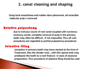 2. canal cleaning and shaping Using local anaesthesia and rubber dam placement, all accessible radicular pulp is removed Relative pulpectomy   due to tortuous course of root canal coupled with numerous    accessory canals, complete removal of pulp in the primary    teeth may often be difficult , if not impossible. Thus all such    procedures are regarded as partial pulpectomy procedures Selective filing resorption in primary teeth may have started at the time of  Treatment. Also the slender roots , with thin apical ends may  predispose the tooth to a root fracture  in cases of excessive  preparation .Thus procedure of selective filing should be used 