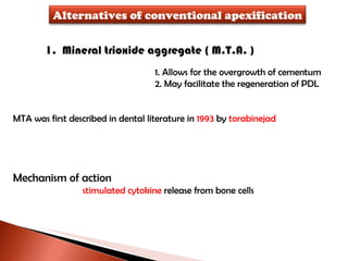 1.  Mineral trioxide aggregate ( M.T.A. ) 1. Allows for the overgrowth of cementum 2. May facilitate the regeneration of PDL MTA was first described in dental literature in  1993  by  torabinejad Mechanism of action stimulated cytokine  release from bone cells  Alternatives of conventional apexification 