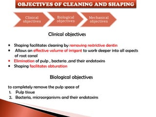 Clinical objectives Shaping facilitates cleaning by  removing restrictive dentin Allows an  effective volume of irrigant  to work deeper into all aspects  of root canal Elimination  of pulp , bacteria ,and their endotoxins Shaping  facilitates obturation Biological objectives to completely remove the pulp space of 1.  Pulp tissue 2.  Bacteria, microorganisms and their endotoxins OBJECTIVES OF CLEANING AND SHAPING 