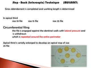 Gross debridement is completed and working length is determined In apical third size 10 file  size 15 file  size 25 file Circumferential filing the file is engaged against the dentinal walls with  lateral pressure  and is withdrawn which is  repeated around the entire perimeter Apical third is serially enlarged to develop an apical stop of size 25 file Step - Back (telescopic) Technique  (MULLANEY )   
