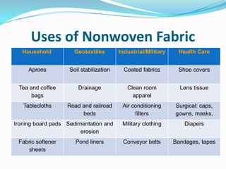 Uses of Nonwoven Fabric
Household Geotextiles Industrial/Military Health Care
Aprons Soil stabilization Coated fabrics Shoe covers
Tea and coffee
bags
Drainage Clean room
apparel
Lens tissue
Tablecloths Road and railroad
beds
Air conditioning
filters
Surgical: caps,
gowns, masks,
Ironing board pads Sedimentation and
erosion
Military clothing Diapers
Fabric softener
sheets
Pond liners Conveyor belts Bandages, tapes
 