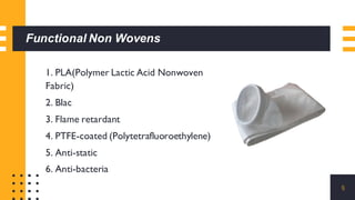Functional Non Wovens
1. PLA(Polymer Lactic Acid Nonwoven
Fabric)
2. Blac
3. Flame retardant
4. PTFE-coated (Polytetrafluo...
