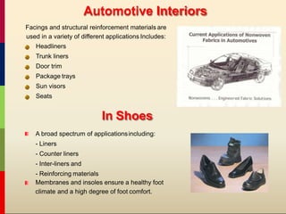 Automotive Interiors
Facings and structural reinforcement materials are
used in a variety of different applications Includes:
Headliners
Trunk liners
Door trim
Package trays
Sun visors
Seats
In Shoes
A broad spectrum of applicationsincluding:
- Liners
- Counter liners
- Inter-liners and
- Reinforcing materials
Membranes and insoles ensure a healthy foot
climate and a high degree of foot comfort.
 