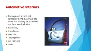 Automotive Interiors


Facings and structural
reinforcement materials are
used in a variety of different
applications Includes:
headliners,
trunk liners,
door trim,

package trays,
sun visors and
seats.

 