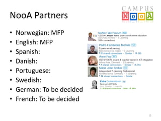 NooA Partners
•
•
•
•
•
•
•
•

Norwegian: MFP
English: MFP
Spanish:
Danish:
Portuguese:
Swedish:
German: To be decided
French: To be decided
12

 