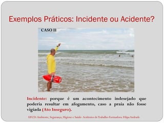 Exemplos Práticos: Incidente ou Acidente?
               CASO II




     Incidente: porque é um acontecimento indesejado que
     poderia resultar em afogamento, caso a praia não fosse
     vigiada (Ato Inseguro).
     UFCD: Ambiente, Segurança, Higiene e Saúde- Acidentes de Trabalho-Formadora: Filipa Andrade
 