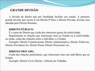 GRANDE DIVISÃO A divisão do direito tem por finalidade facilitar seu estudo. A primeira grande divisão que ocorre é em Direito Público e Direito Privado, divisão essa adotada pelo Direito Romano. DIREITO PÚBLICO. É o ramo do Direito que cuida dos interesses gerais da coletividade. Regulamenta as relações que interessam mais ao Estado ou à coletividade, ou ainda, cuida das relações entre o indivíduo e o Estado.  Exemplo: Direito Constitucional, Direito Administrativo, Direito Tributário, Direito Previdenciário, Direito Penal, Direito Processual, etc.   DIREITO PRIVADO.   Cuida das relações particulares, que interessam mais aos indivíduos que ao Estado.  Exemplo: Direito Civil, Direito  e Direito do Trabalho. 