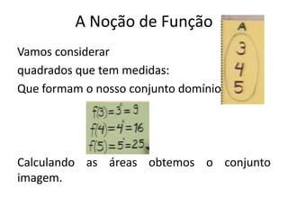 A Noção de Função
Vamos considerar
quadrados que tem medidas:
Que formam o nosso conjunto domínio
Calculando as áreas obtemos o conjunto
imagem.
 