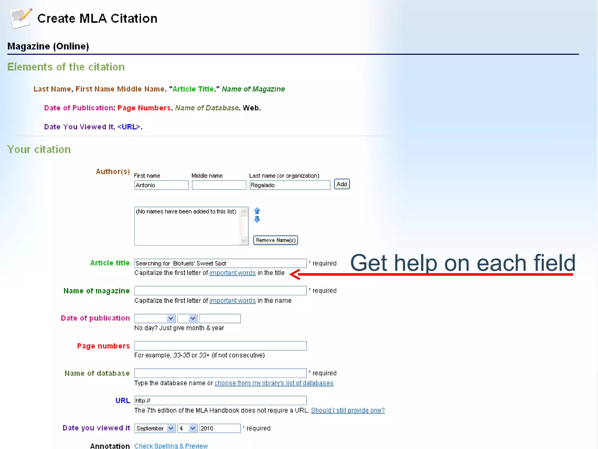 Get help on each field 