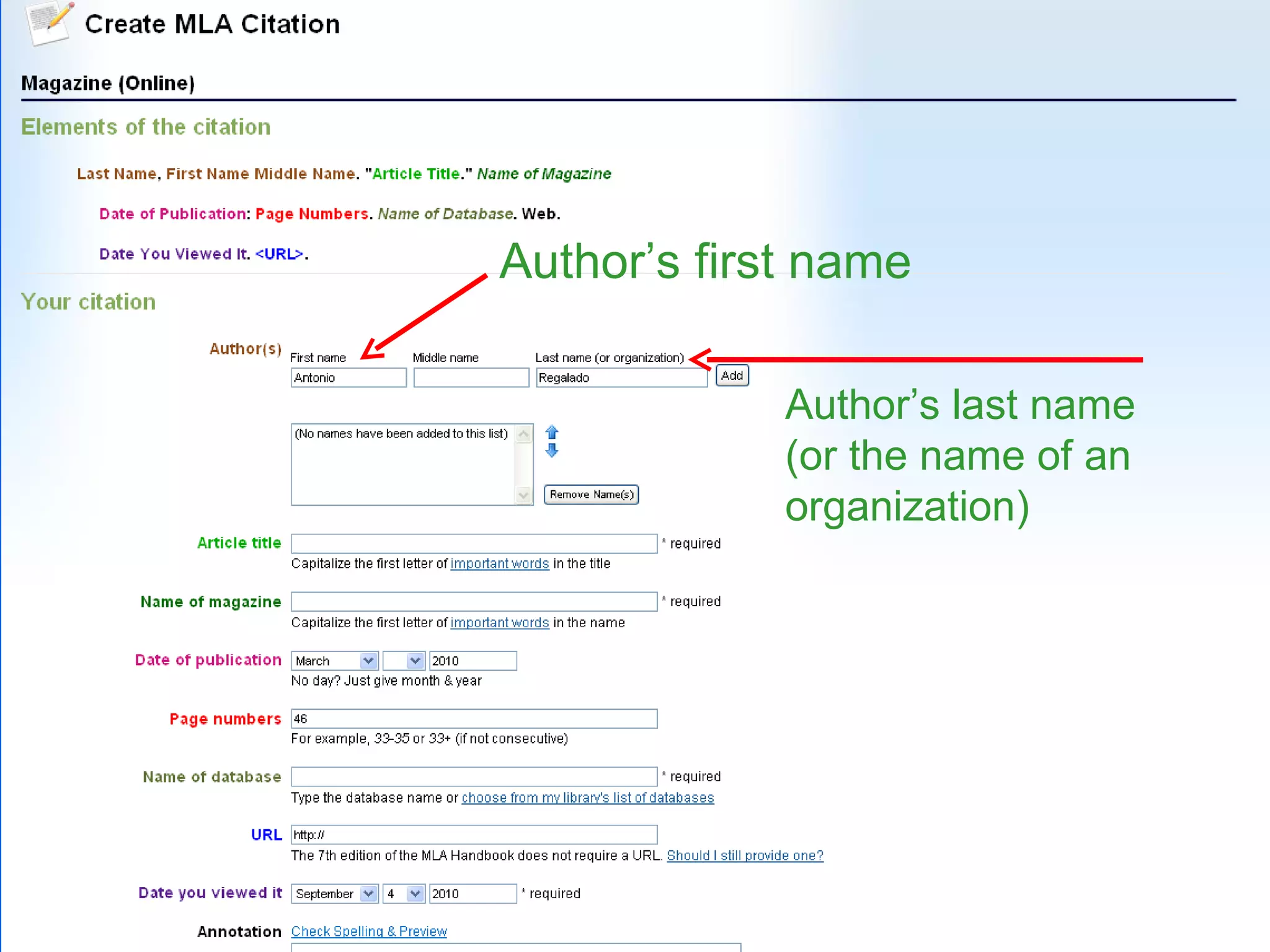 Author ’s first name Author ’s last name (or the name of an organization) 
