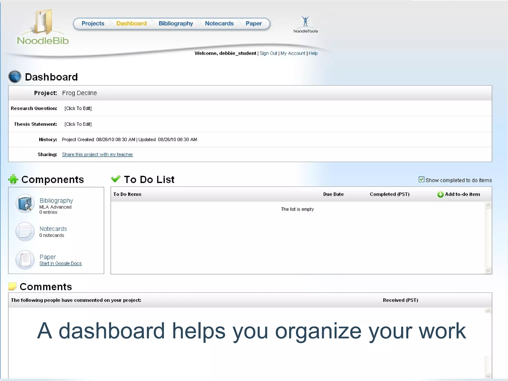A dashboard helps you organize your work 