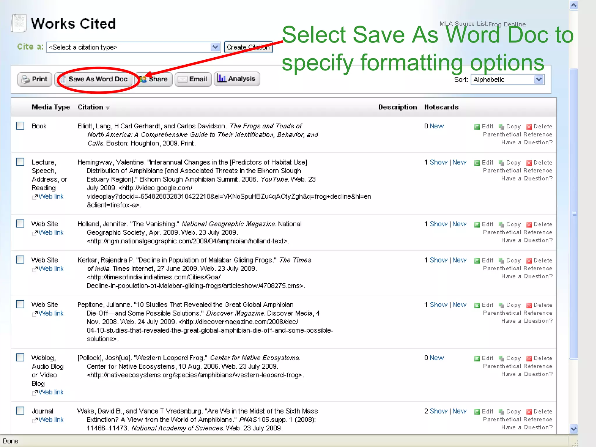 Select Save As Word Doc to specify formatting options 