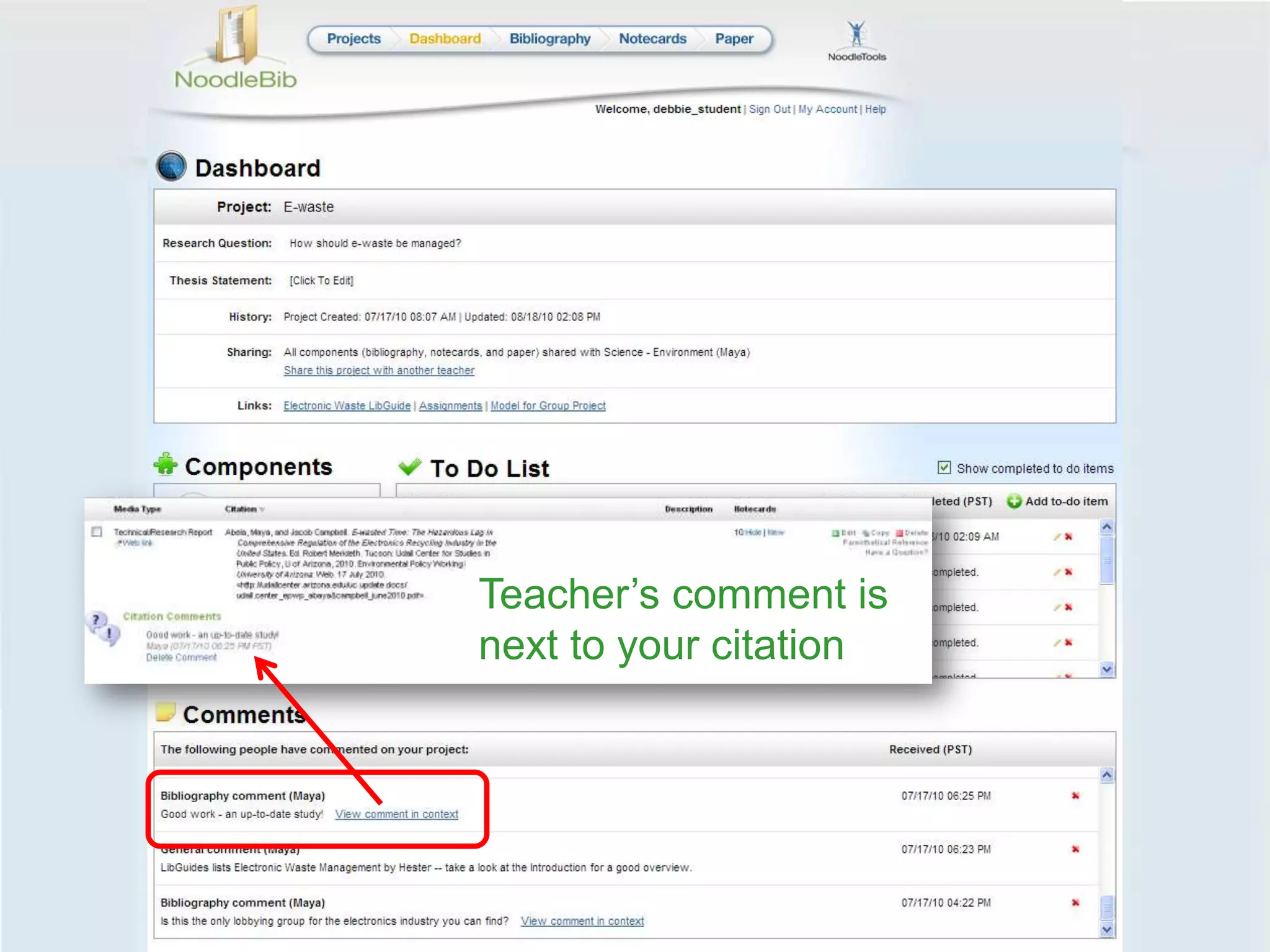 Teacher’s comment is next to your citation