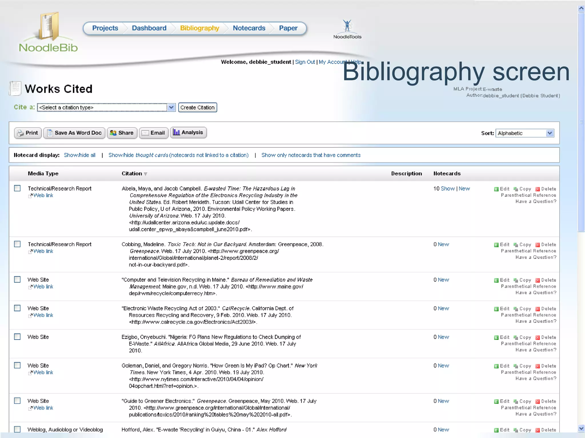 Bibliography screen