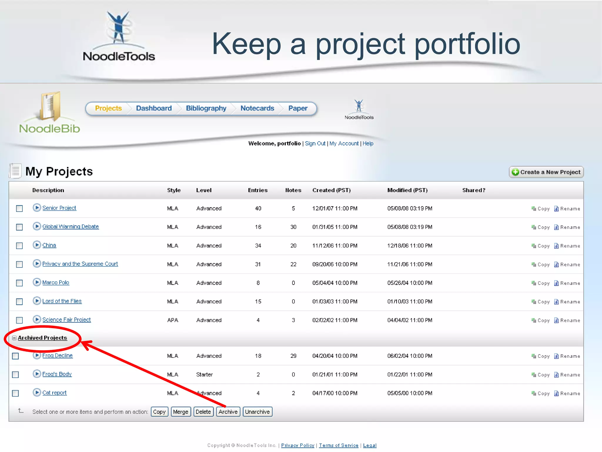Keep a project portfolio