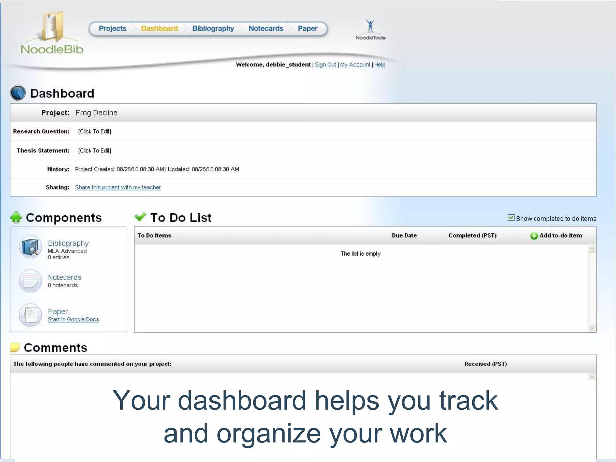 Your dashboard helps you track and organize your work