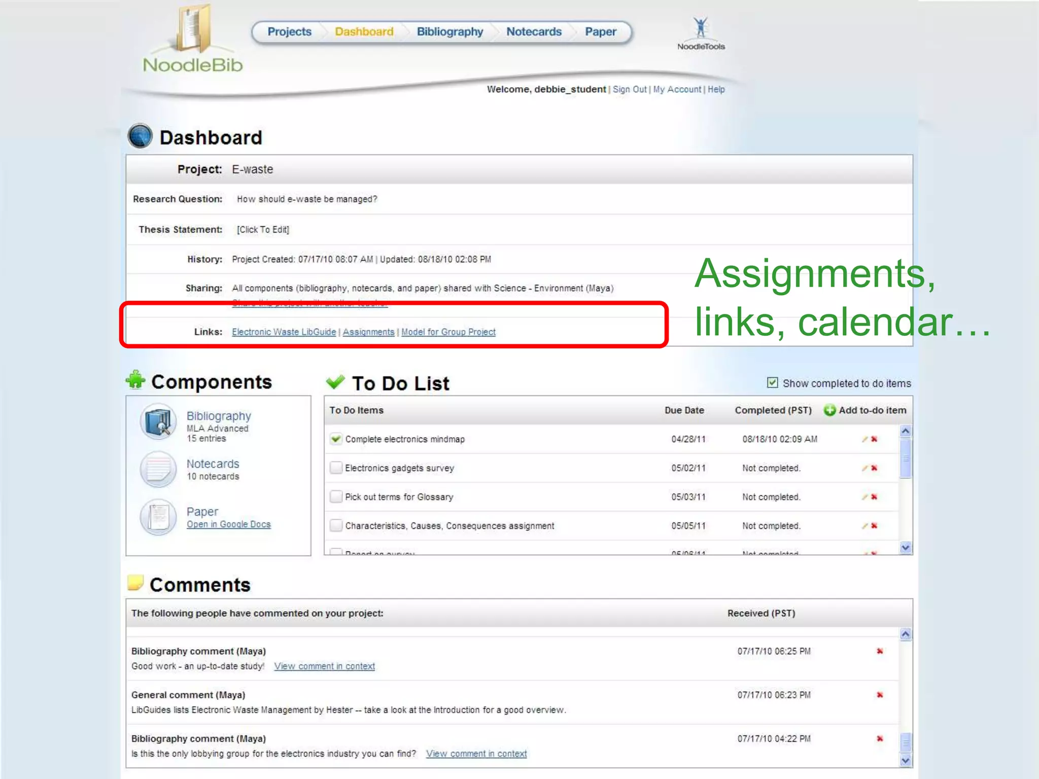 Assignments, links, calendar…