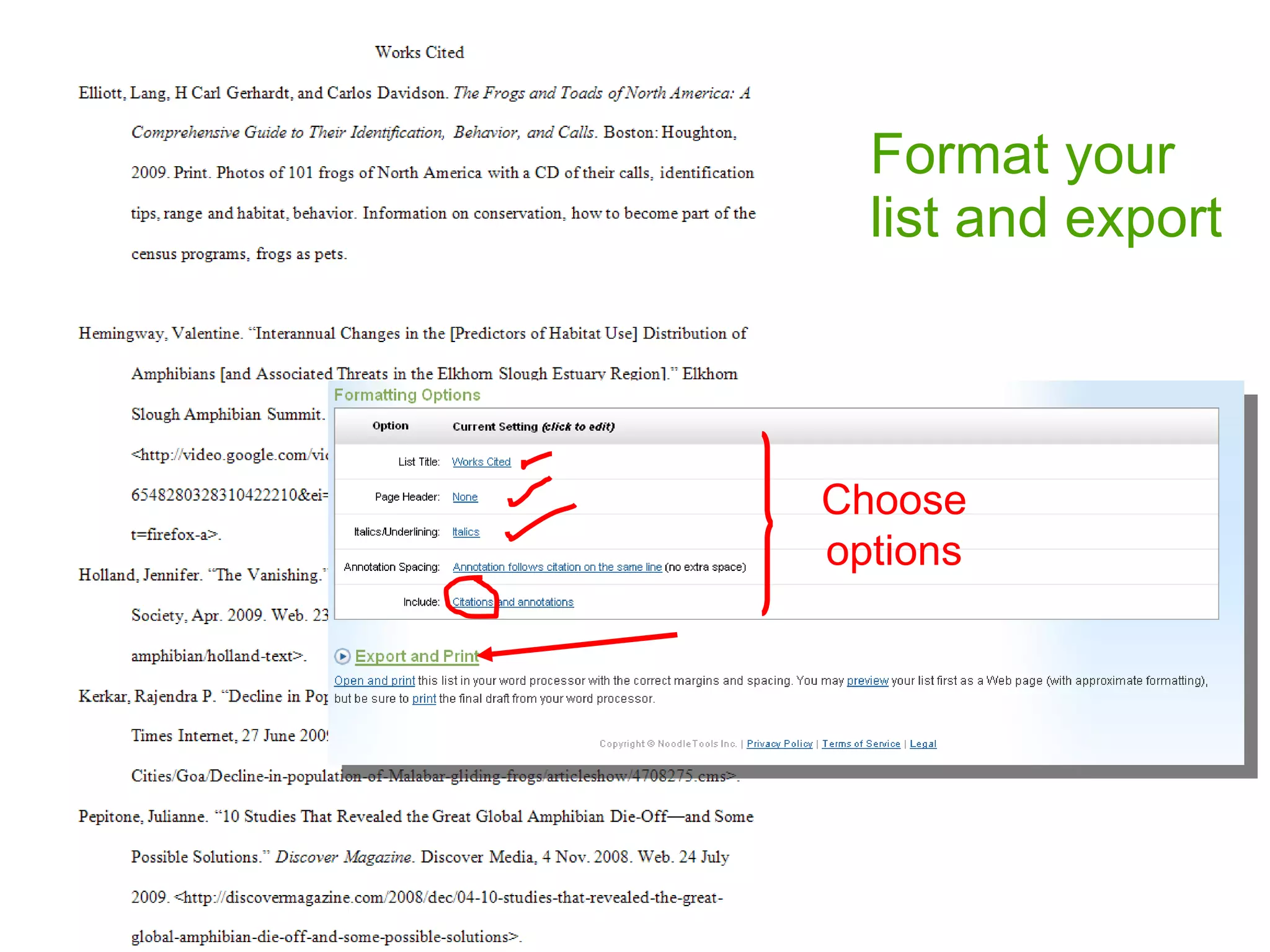 Format your list and export  Choose options 