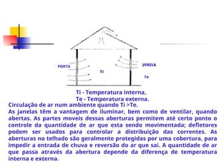 PORTA
Ti
Te
JANELA
Circulação de ar num ambiente quando Ti >Te.
As janelas têm a vantagem de iluminar, bem como de ventilar, quando
abertas. As partes moveis dessas aberturas permitem até certo ponto o
controle da quantidade de ar que esta sendo movimentada; defletores
podem ser usados para controlar a distribuição das correntes. As
aberturas no telhado são geralmente protegidas por uma cobertura, para
impedir a entrada de chuva e reversão do ar que sai. A quantidade de ar
que passa através da abertura depende da diferença de temperatura
interna e externa.
Ti - Temperatura interna,
Te - Temperatura externa.
 